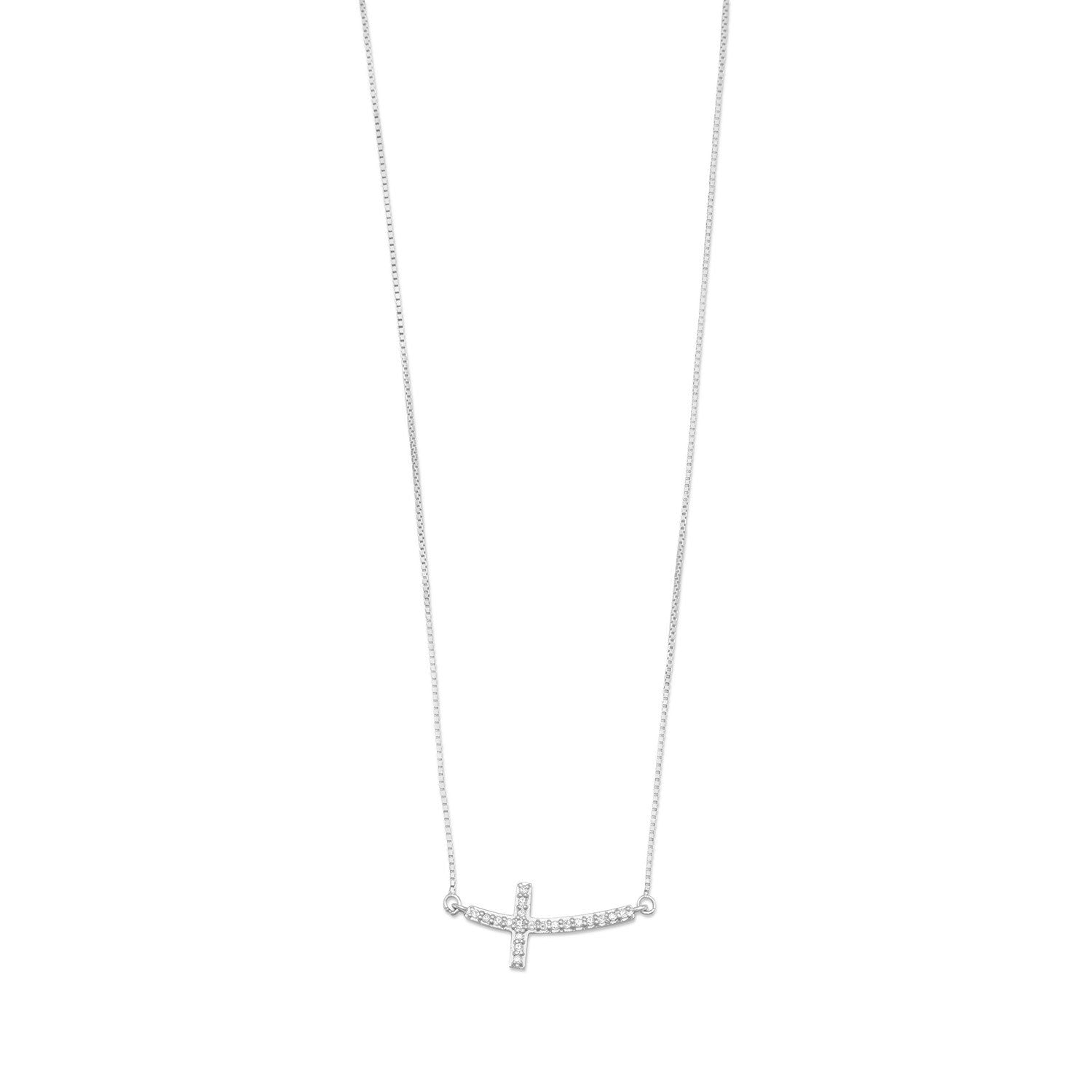 Rhodium Plated Sideways Cross Necklace with Diamonds - Joyeria Lady