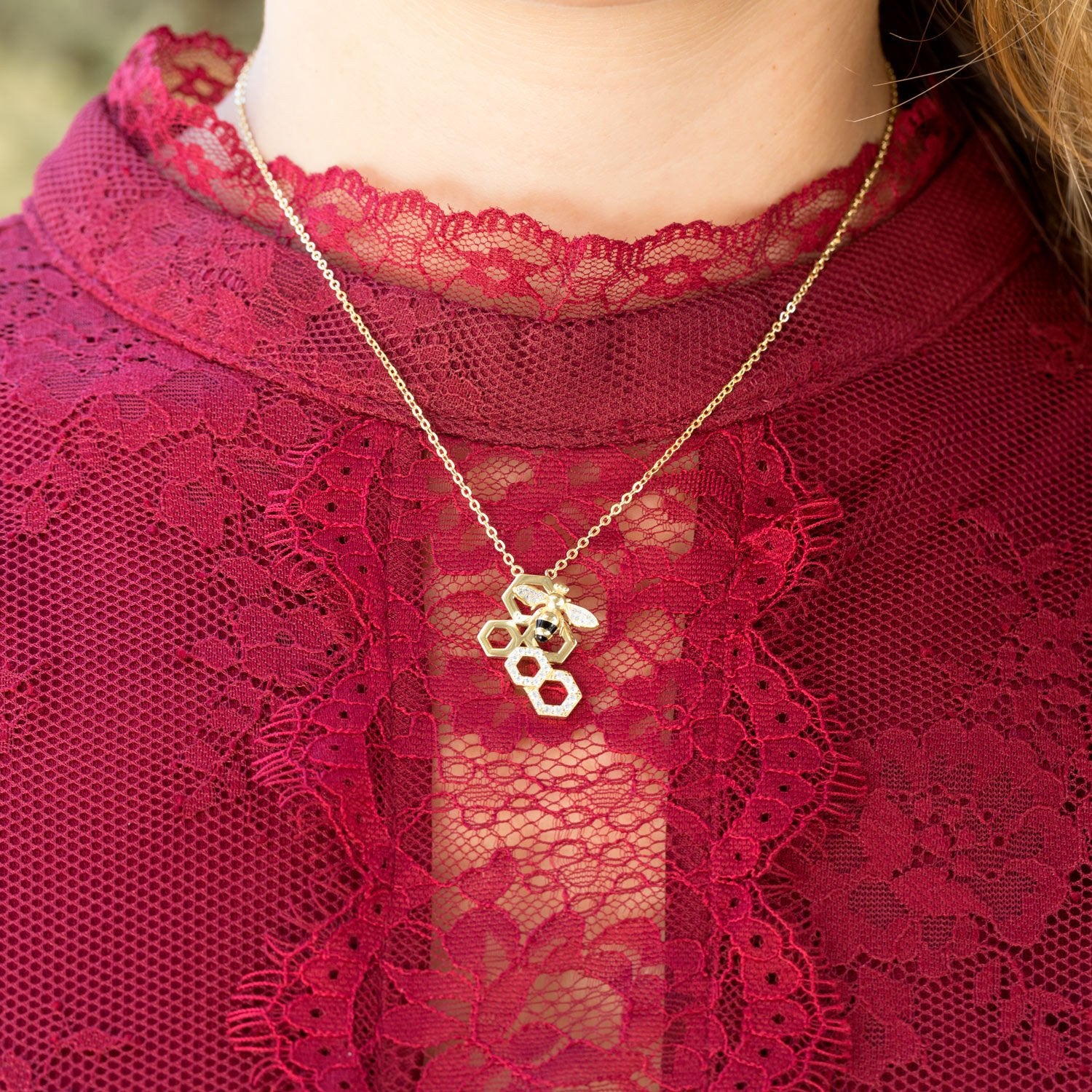 "BEE Mine!" 14 Karat Gold Plated and Signity CZ Bee Necklace - Joyeria Lady