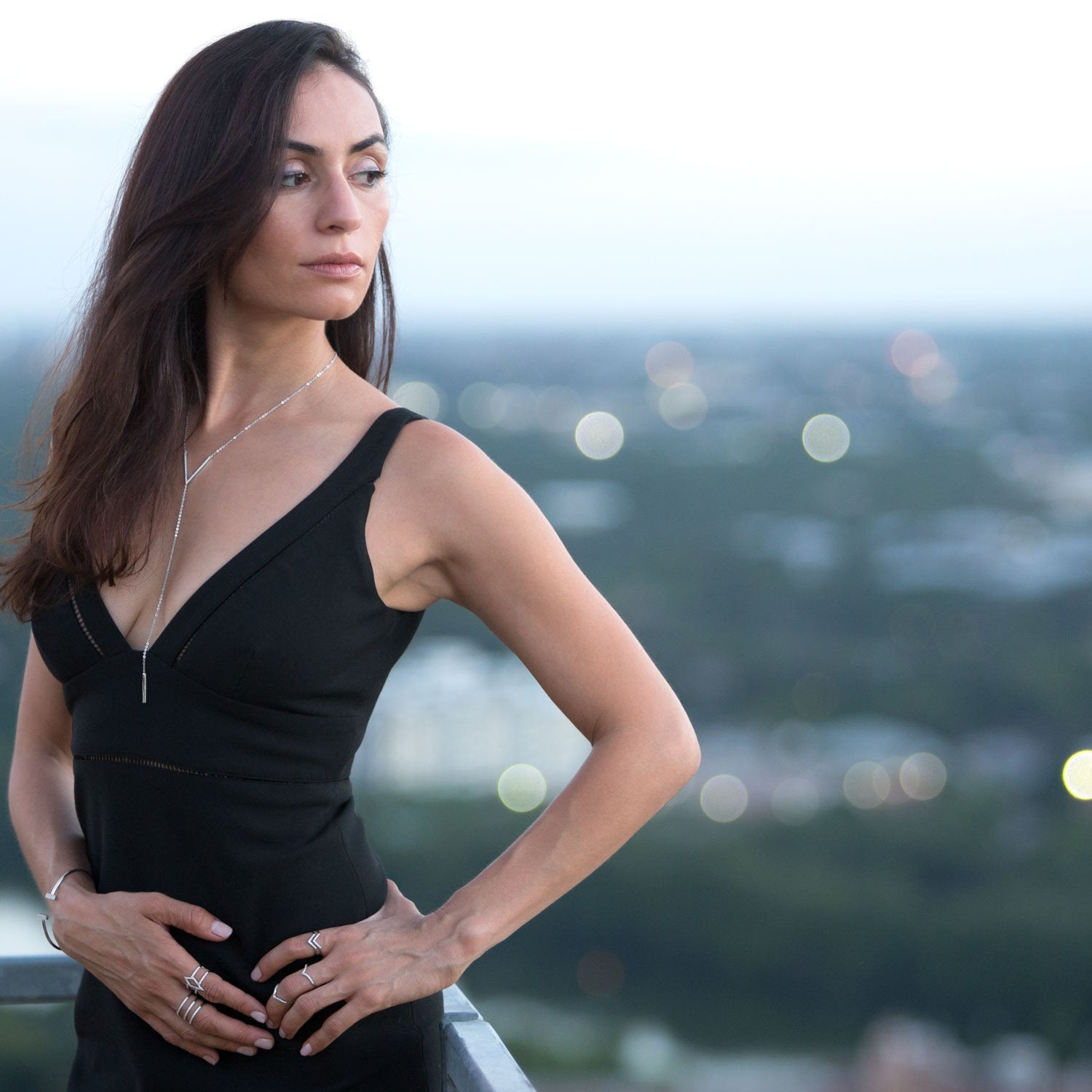 Rhodium Plated Signity CZ "V" Drop Necklace - Joyeria Lady