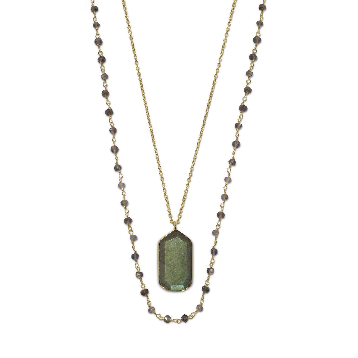 14 Karat Gold Plated Double Strand Iolite and Labradorite Necklace - Joyeria Lady
