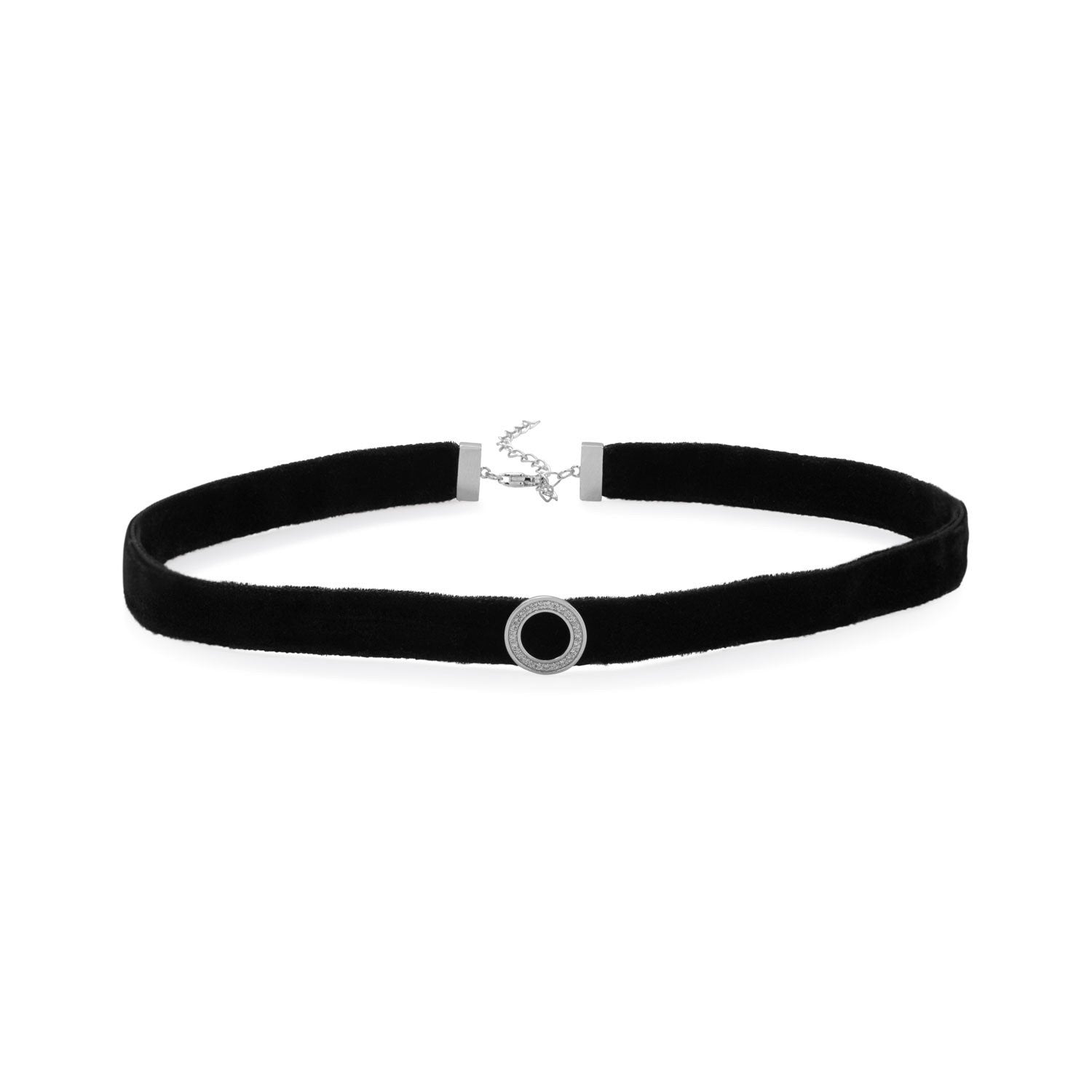Rhodium Plated CZ Circle Black Velvet Choker Necklace - Joyeria Lady