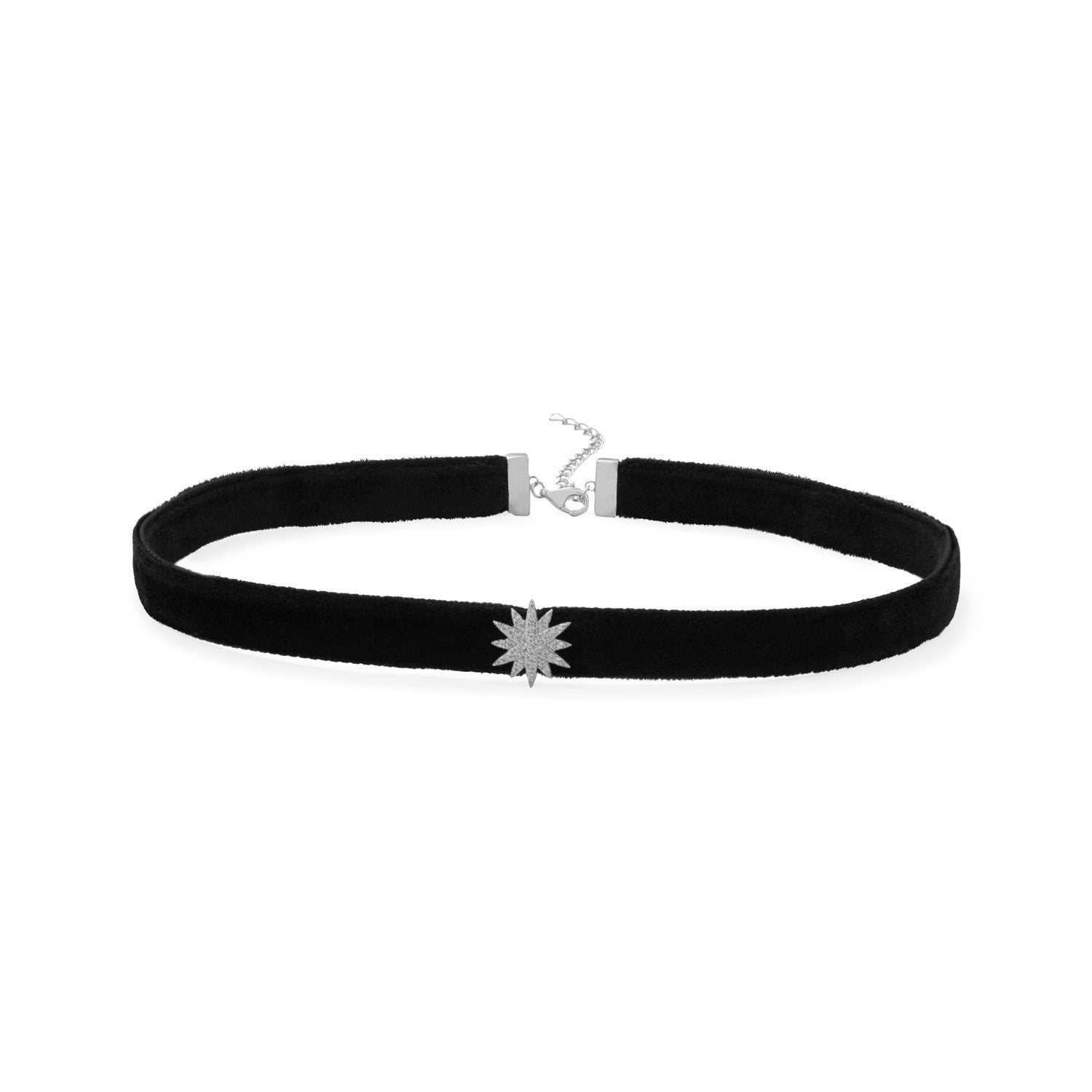 Rhodium Plated CZ Star Black Velvet Choker Necklace - Joyeria Lady
