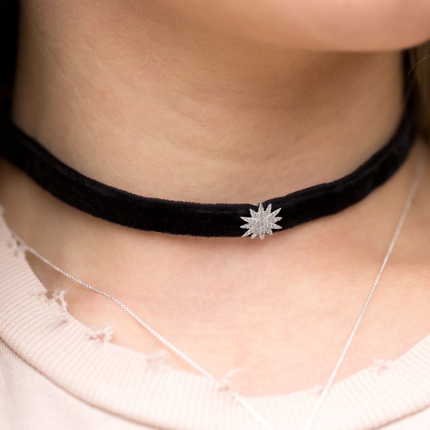 Rhodium Plated CZ Star Black Velvet Choker Necklace - Joyeria Lady