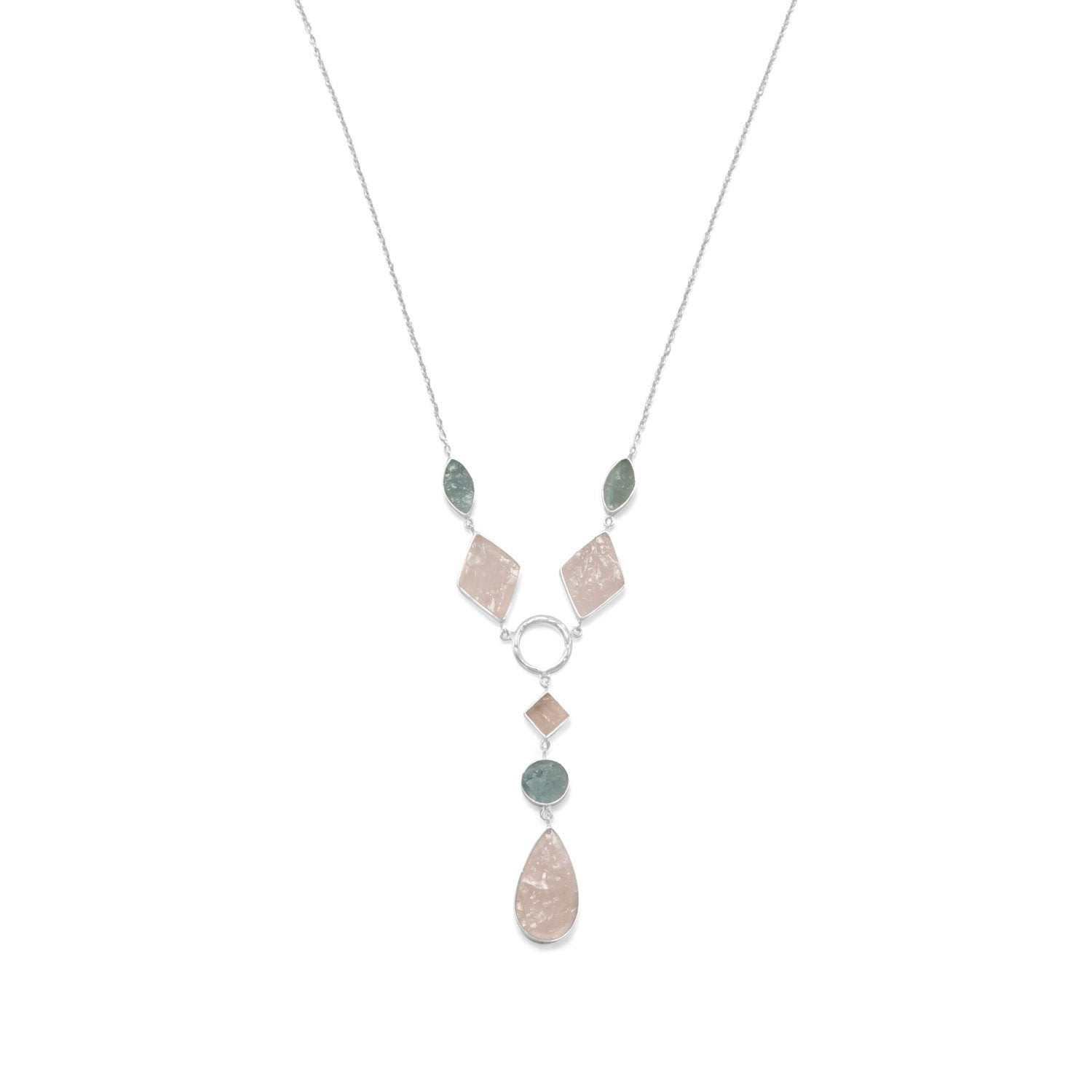 Sterling Silver Aquamarine and Rose Quartz Drop Necklace - Joyeria Lady