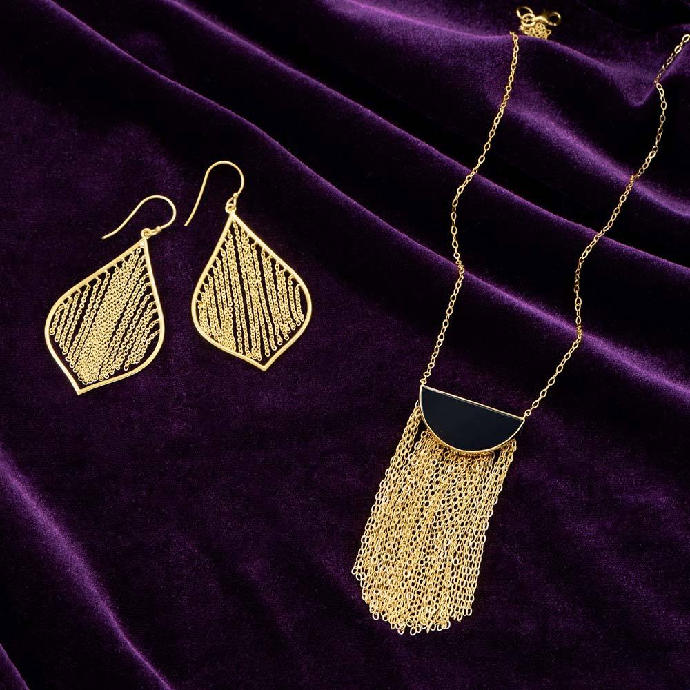 14 Karat Gold Plated Black Onyx and Fringe Necklace - Joyeria Lady