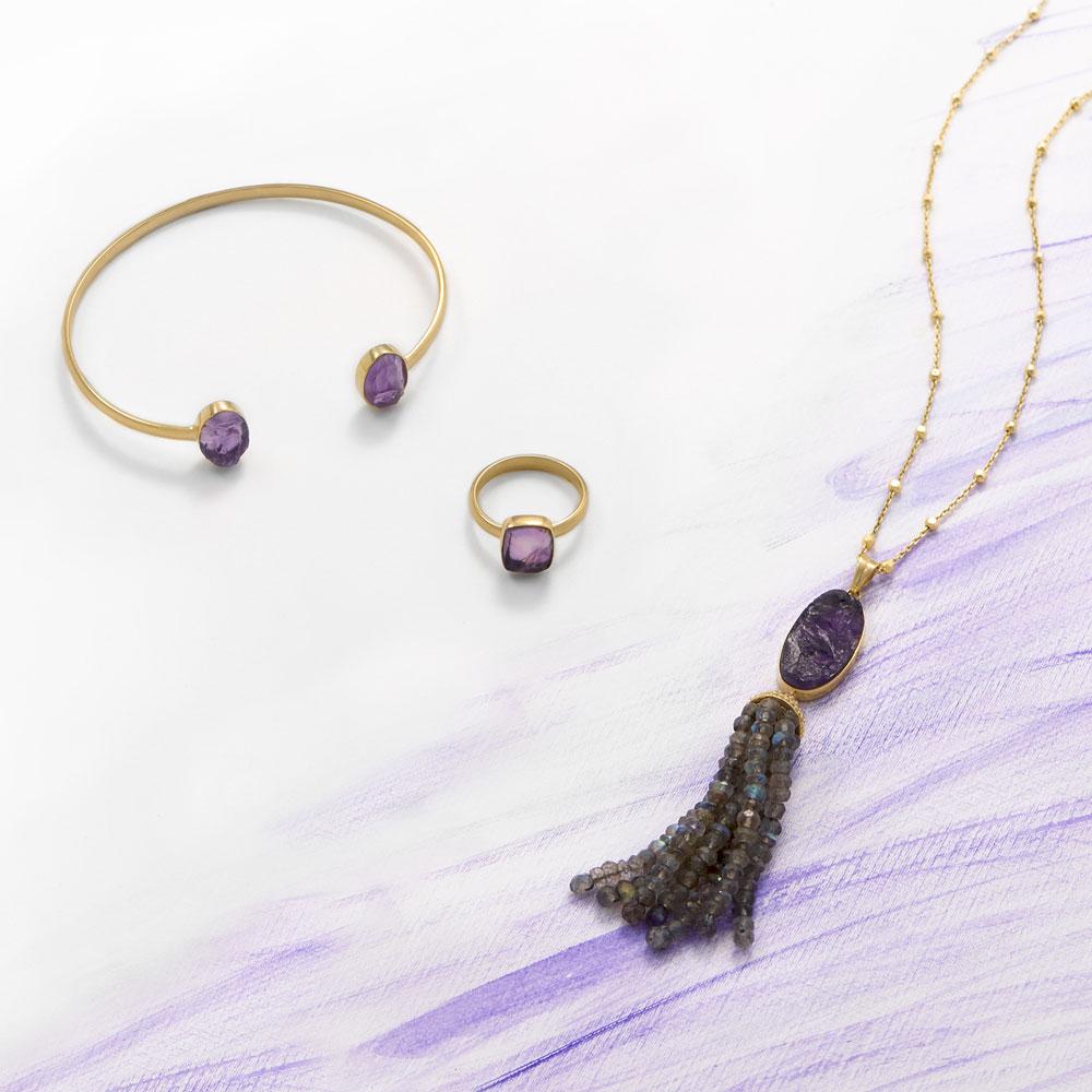 14 Karat Gold Plated Amethyst and Labradorite Tassel Necklace - Joyeria Lady