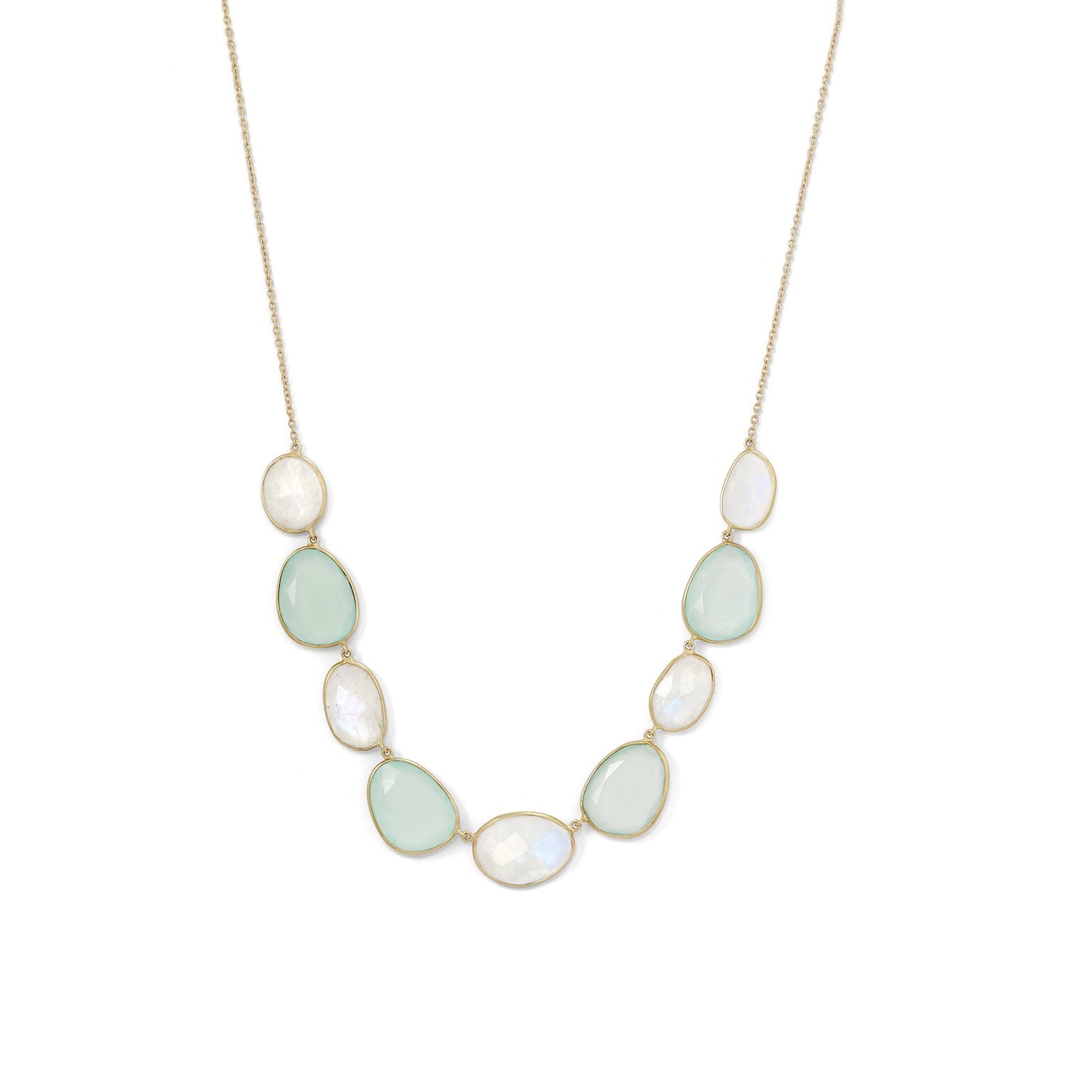14 Karat Gold Plated Rainbow Moonstone and Green Chalcedony Necklace - Joyeria Lady
