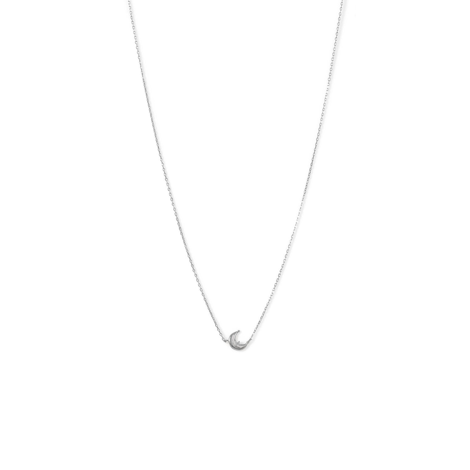 Rhodium Plated Crescent Moon CZ Necklace - Joyeria Lady