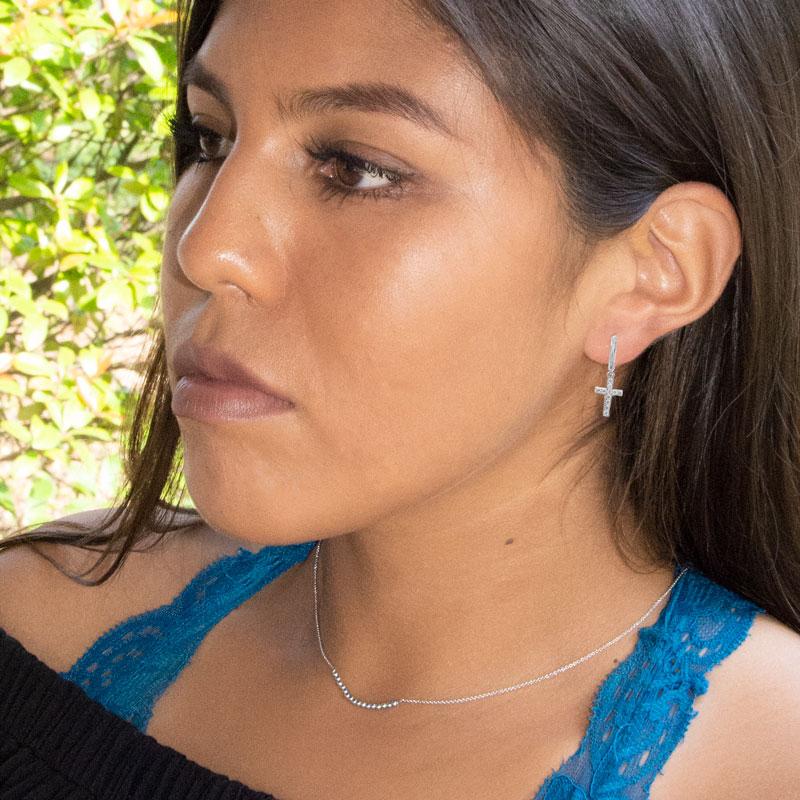 Rhodium Plated Hoop Earrings with CZ Cross - Joyeria Lady