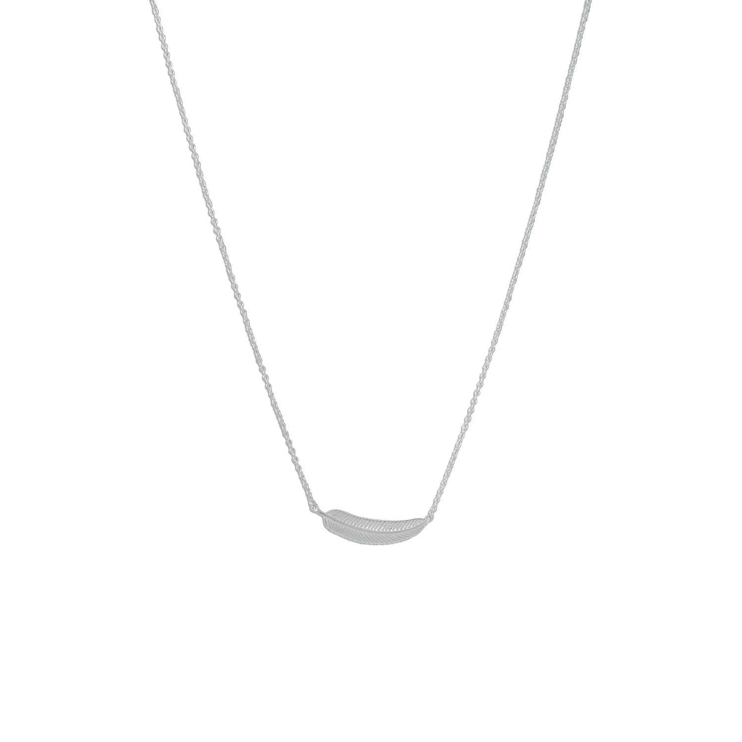 Rhodium Plated Tiny Sideways Feather Necklace - Joyeria Lady