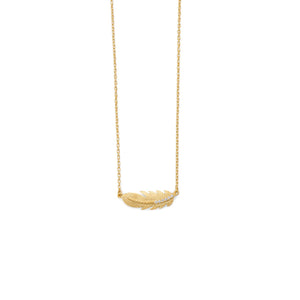 18 Karat Gold Plated Sideways CZ Feather Necklace - Joyeria Lady