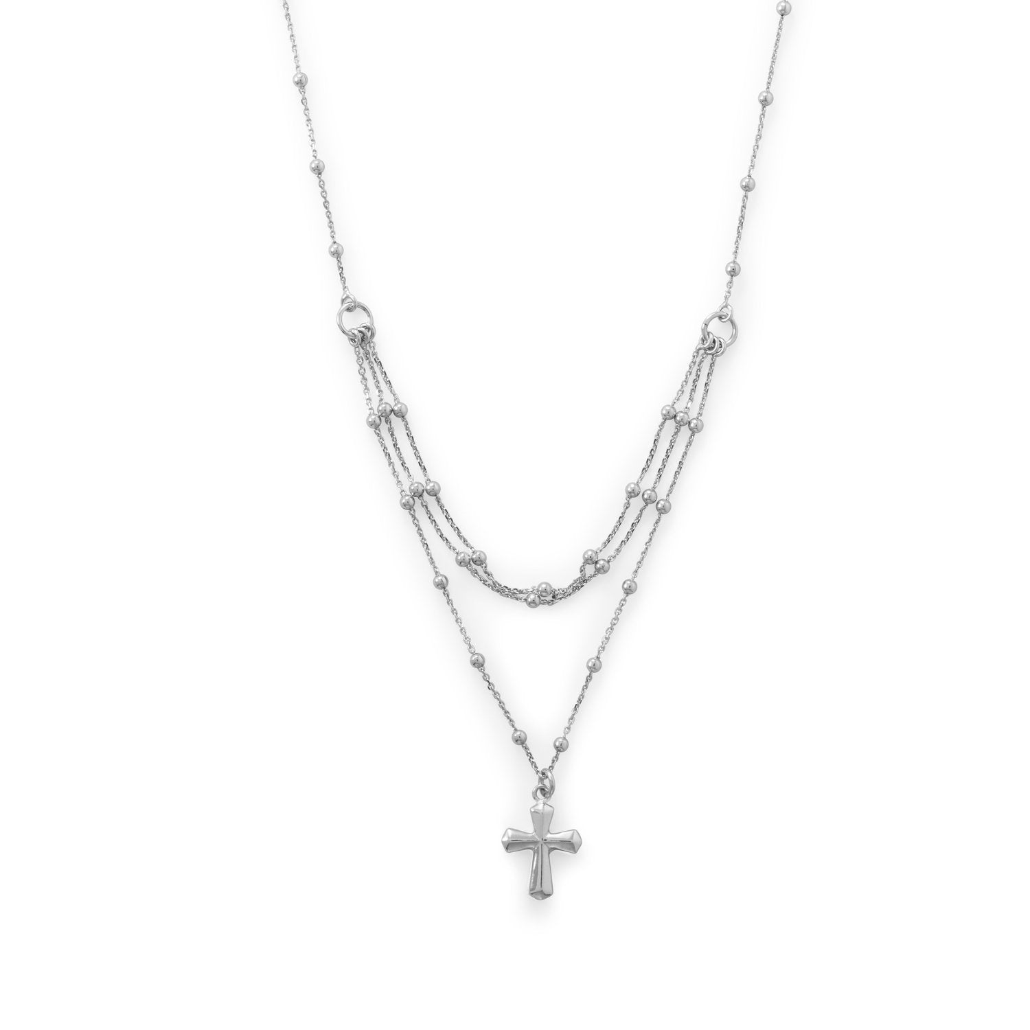 Rhodium Plated Three Row Necklace with Cross - Joyeria Lady