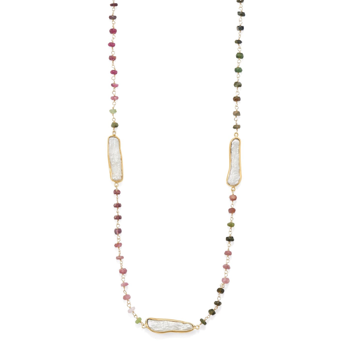 24" 14 Karat Gold Plated Tourmaline and Cultured Freshwater Pearl Necklace - Joyeria Lady