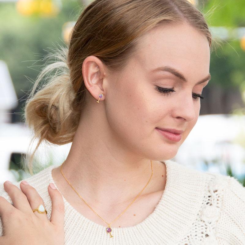 14 Karat Gold Plated CZ Red Wine Glass Charm Necklace - Joyeria Lady