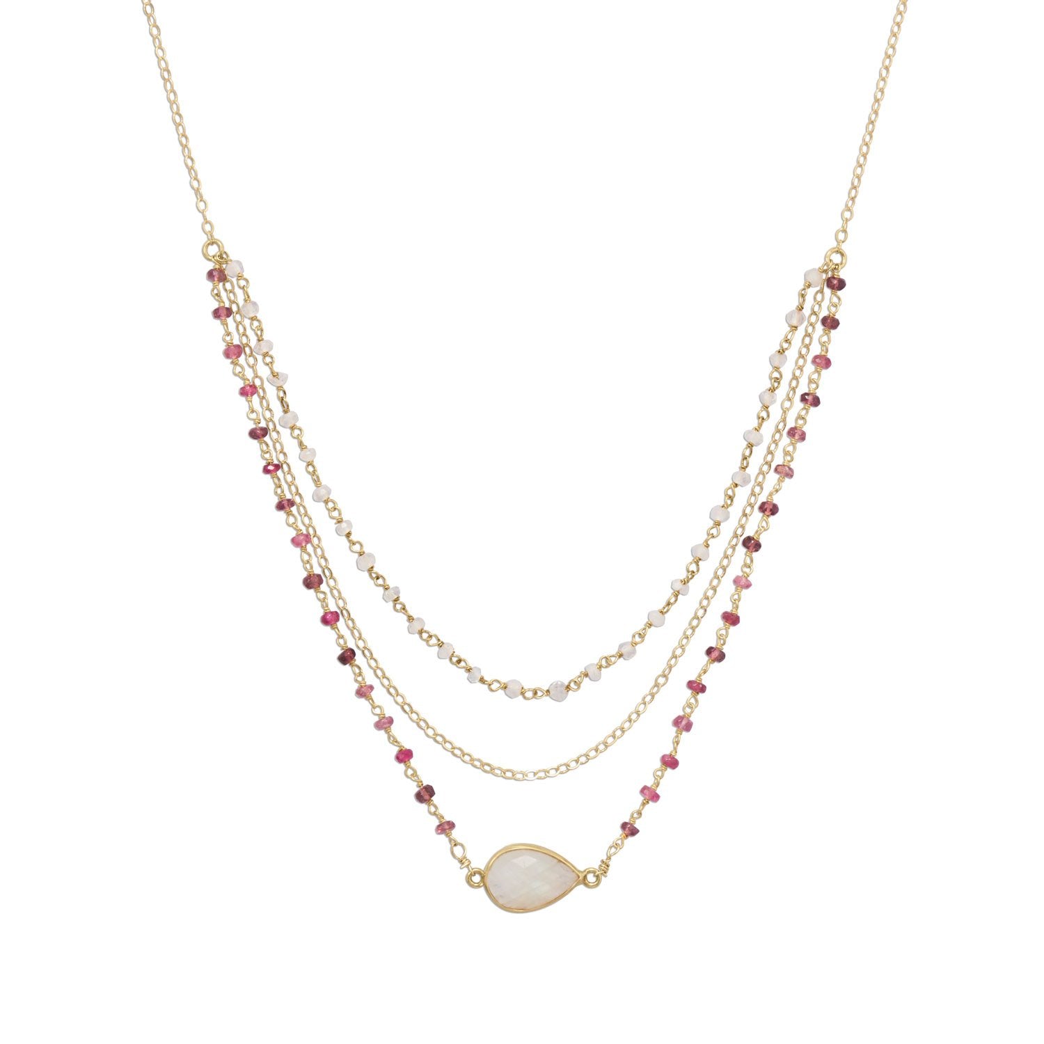 16" + 2" Gold Filled Rainbow Moonstone and Tourmaline Necklace - Joyeria Lady