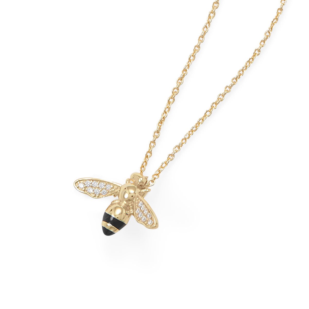 "BEE Mine!" 16"+2" 14 Karat Gold Plated Signity CZ Bee Necklace - Joyeria Lady