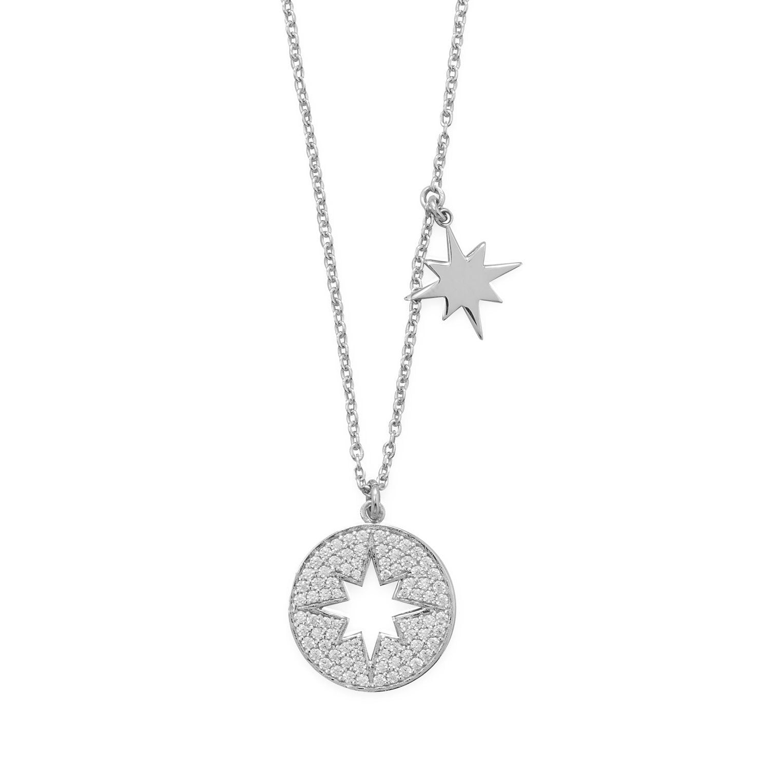 16" Rhodium Plated CZ Cut Out Starburst Necklace - Joyeria Lady