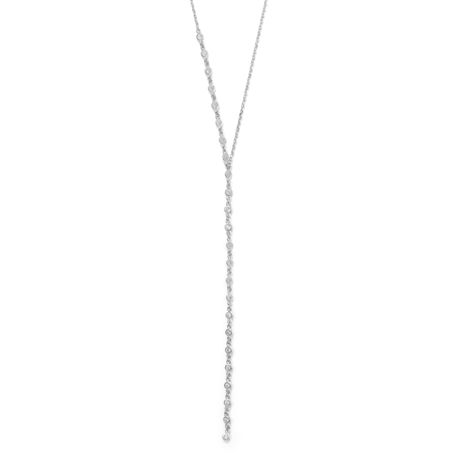 16"+2 Rhodium Plated Bezel CZ Lariat Necklace - Joyeria Lady