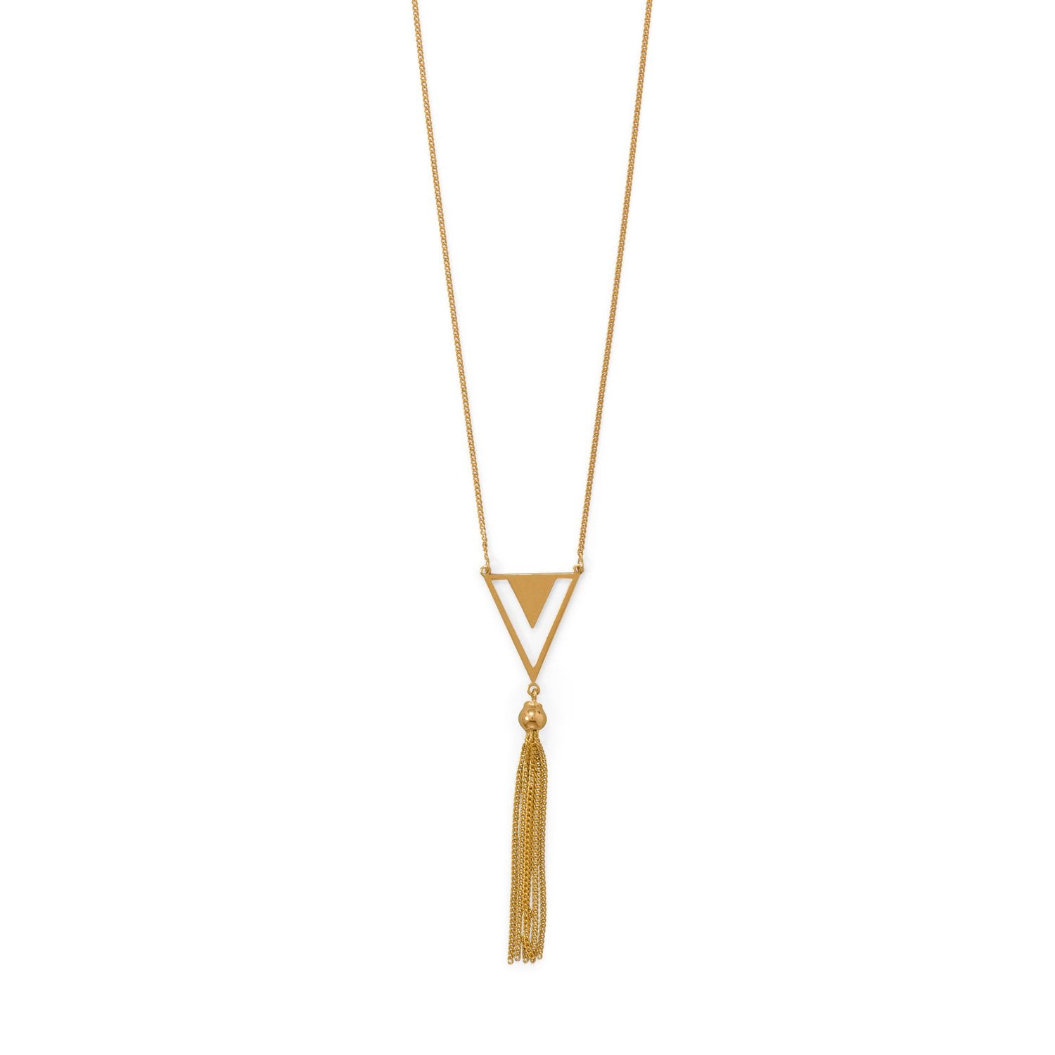 Totally Tassel! 32"+2 14 Karat Gold Plated Triangle and Tassel Necklace - Joyeria Lady