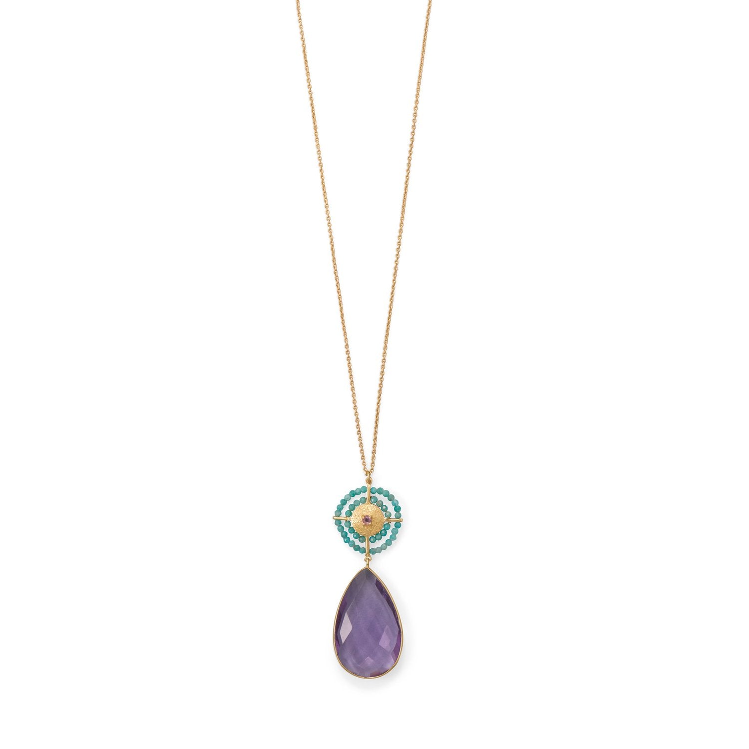 32" 14 Karat Gold Plated Amethyst and Amazonite Necklace - Joyeria Lady