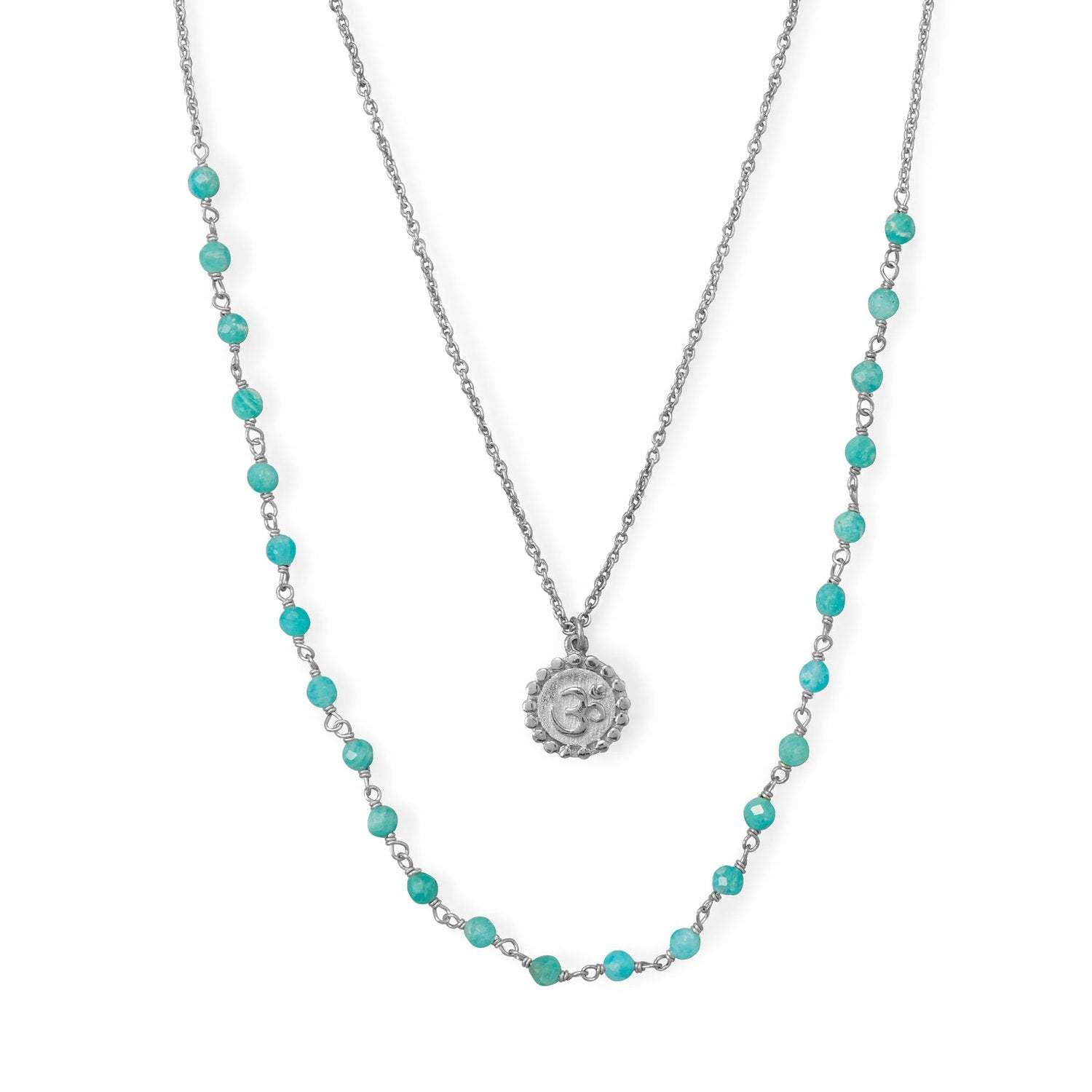 18"/21"+2" Rhodium Plated Amazonite Om Necklace - Joyeria Lady