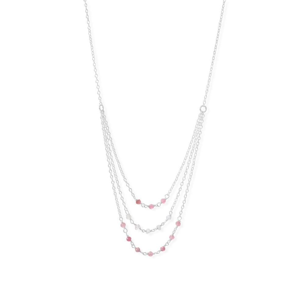 Pretty in Pink! 16" 3 Row Pink Tourmaline and Rainbow Moonstone Necklace - Joyeria Lady