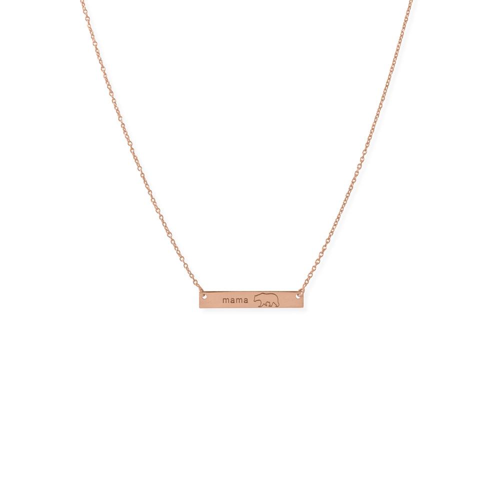 16"+2” 14K Rose Gold Plated Sterling Silver "Mama Bear" Bar Necklace - Joyeria Lady