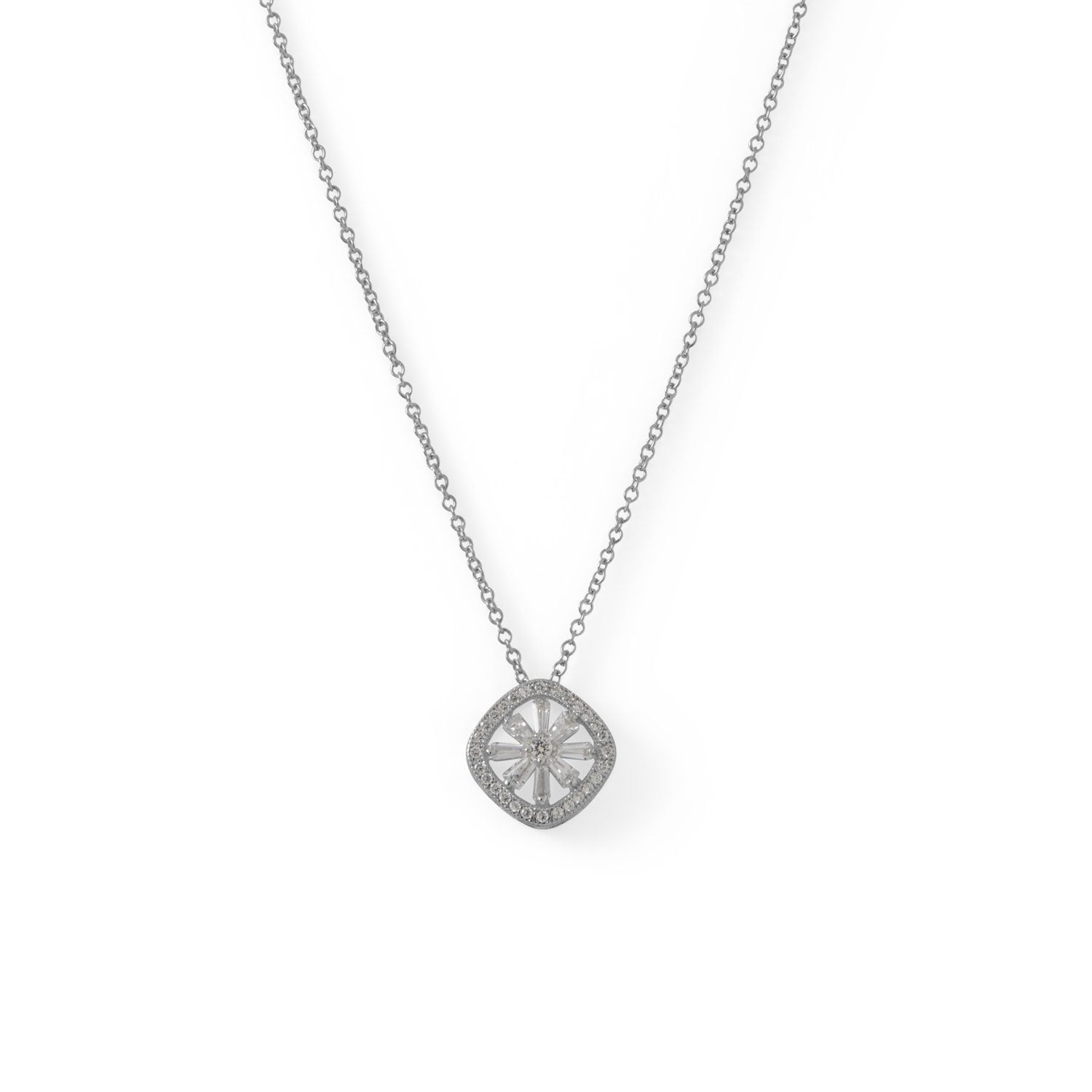 16"+1"+1" Rhodium Plated Baguette CZ Cushion Shaped Necklace - Joyeria Lady