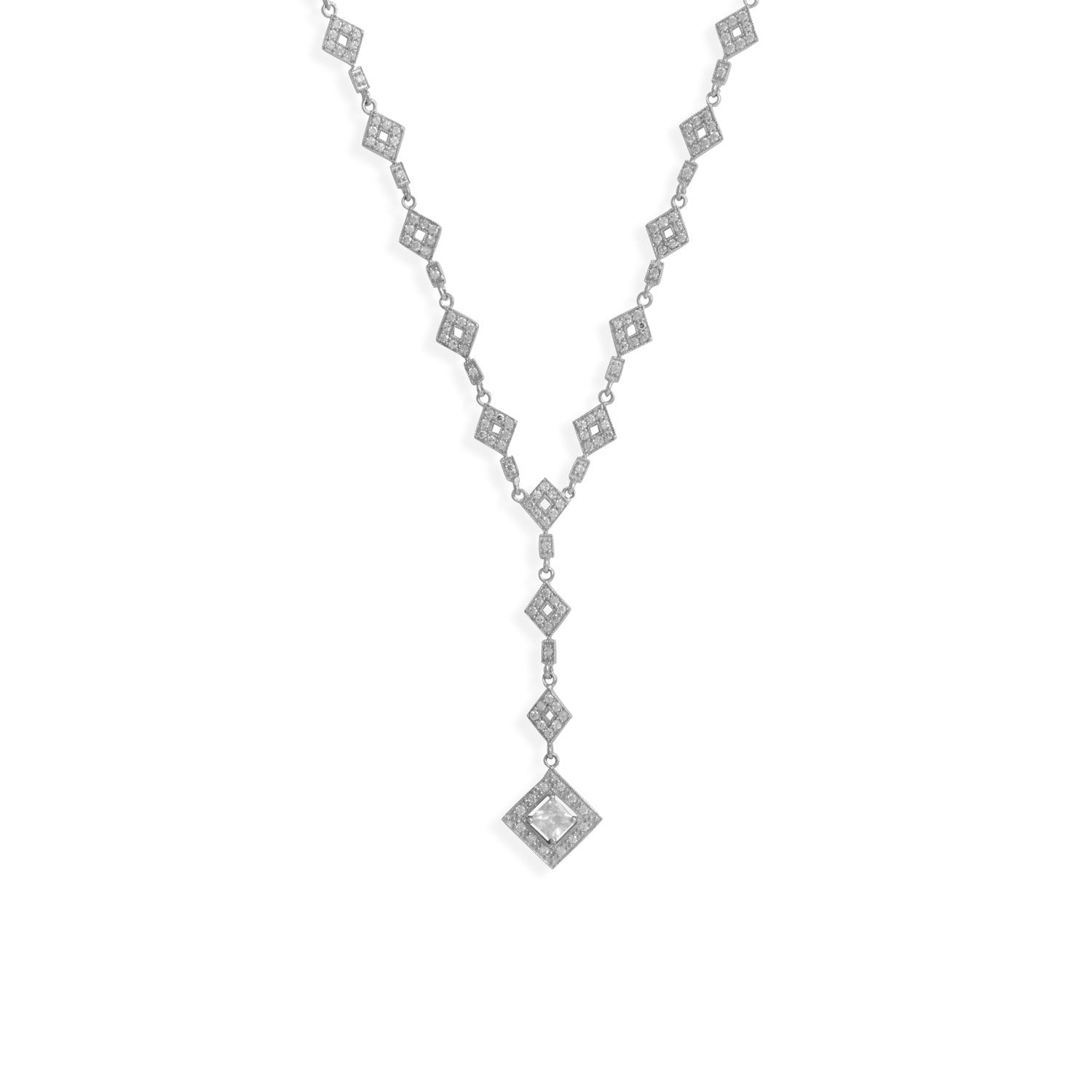 16" Rhodium Plated CZ Diamond Shape Y Drop Necklace - Joyeria Lady