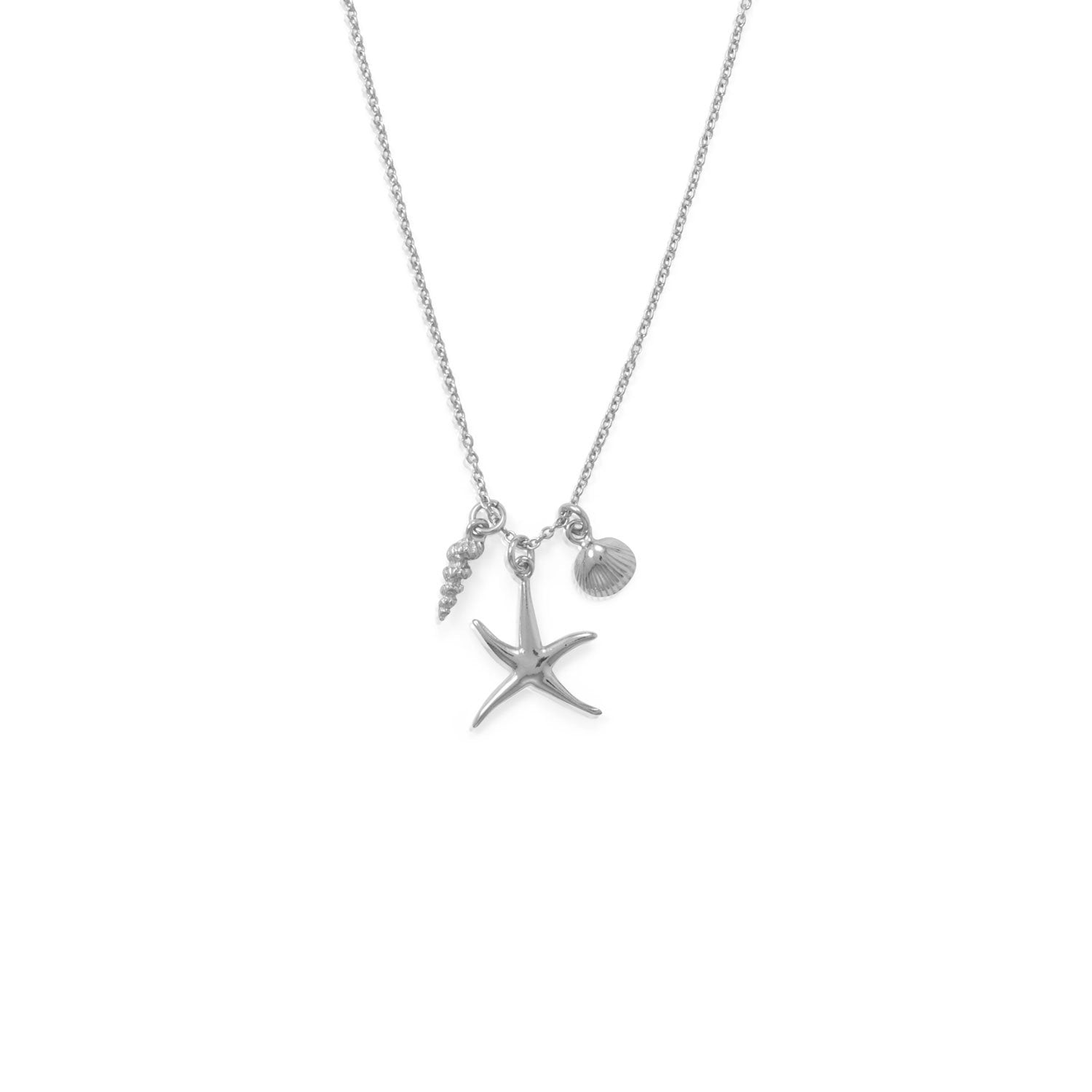 16" Rhodium Plated Starfish and Shells Charm Necklace - Joyeria Lady