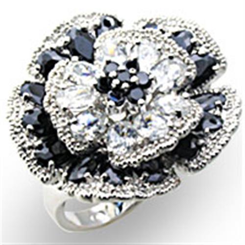34432 - High-Polished 925 Sterling Silver Ring with AAA Grade CZ  in Jet - Joyeria Lady