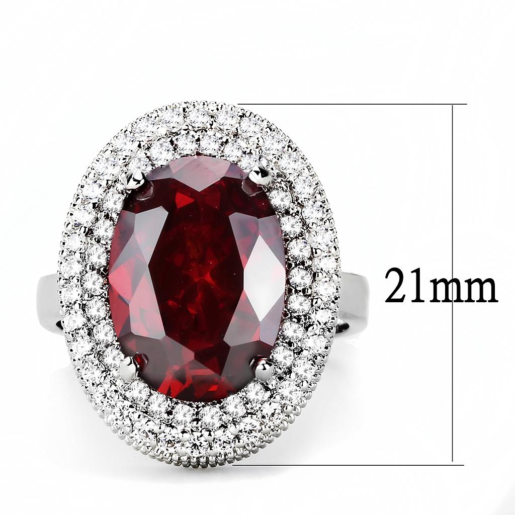 3W1455 Rhodium Brass Ring with AAA Grade CZ in Garnet - Joyeria Lady