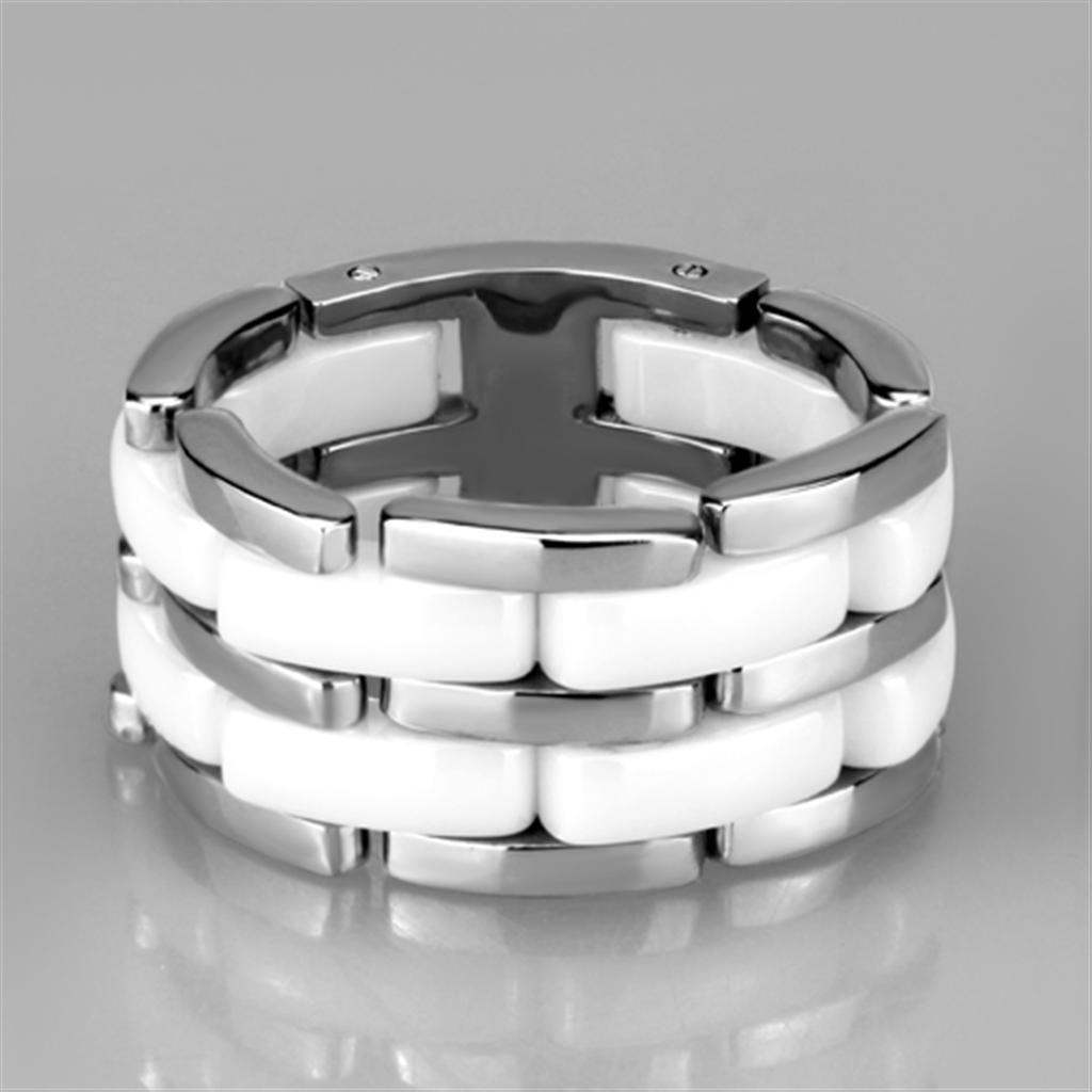 3W975 - High polished (no plating) Stainless Steel Ring with Ceramic  in White - Joyeria Lady