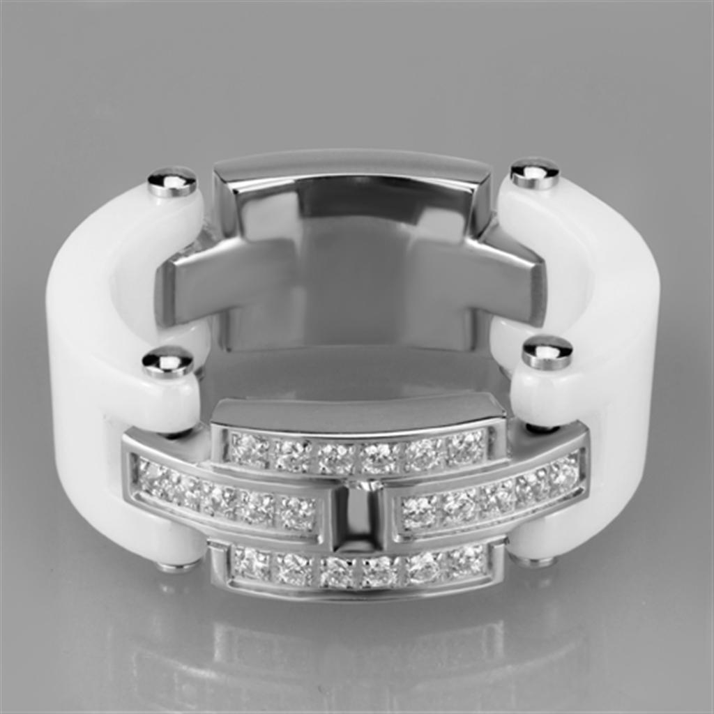 3W977 - High polished (no plating) Stainless Steel Ring with Ceramic  in White - Joyeria Lady