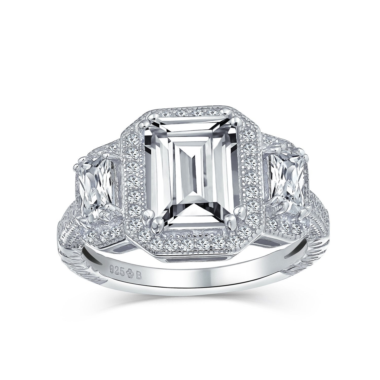 3CT Halo 3 Stone Emerald Cut CZ Engagement Ring CZ 925 Sterling Silver - Joyeria Lady