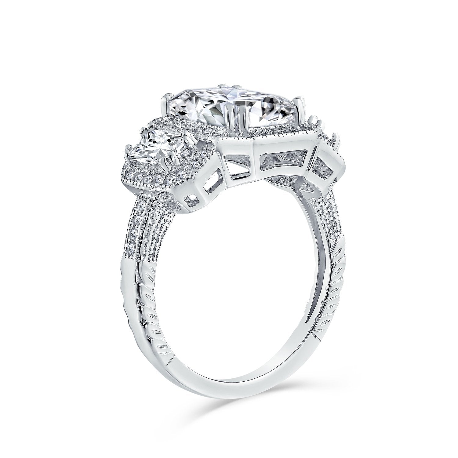 3CT Halo 3 Stone Emerald Cut CZ Engagement Ring CZ 925 Sterling Silver - Joyeria Lady