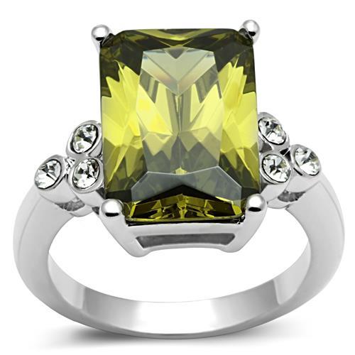 3W029 Rhodium Brass Ring with AAA Grade CZ in Olivine color - Joyeria Lady