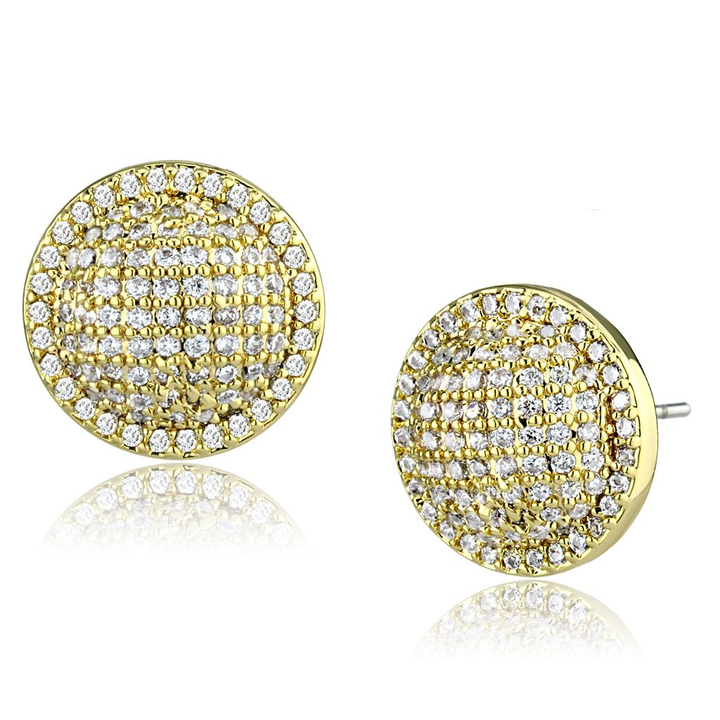 3W1258 Gold Brass Earrings with AAA Grade CZ in Clear - Joyeria Lady