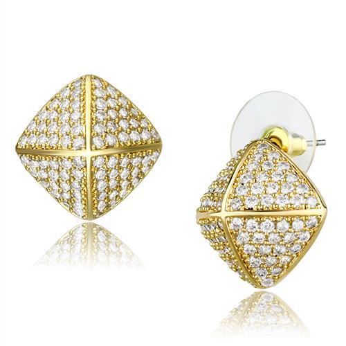 3W1323 Gold Brass Earrings with AAA Grade CZ in Clear - Joyeria Lady