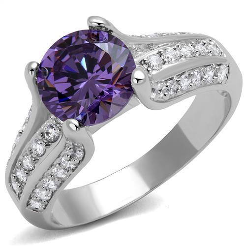 3W1359 Rhodium Brass Ring with AAA Grade CZ in Amethyst - Joyeria Lady