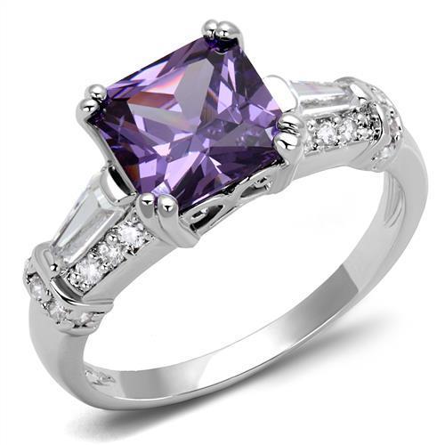 3W1365 Rhodium Brass Ring with AAA Grade CZ in Amethyst - Joyeria Lady