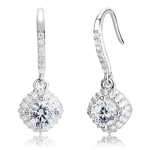 3W1372 Rhodium 925 Sterling Silver Earrings with AAA Grade CZ in Clear - Joyeria Lady