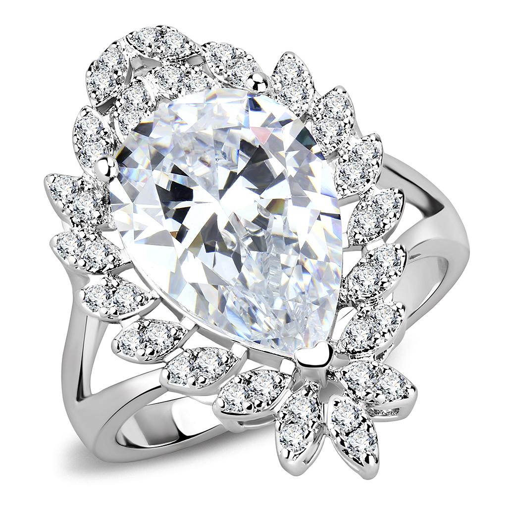 3W1435 Rhodium Brass Ring with AAA Grade CZ in Clear - Joyeria Lady