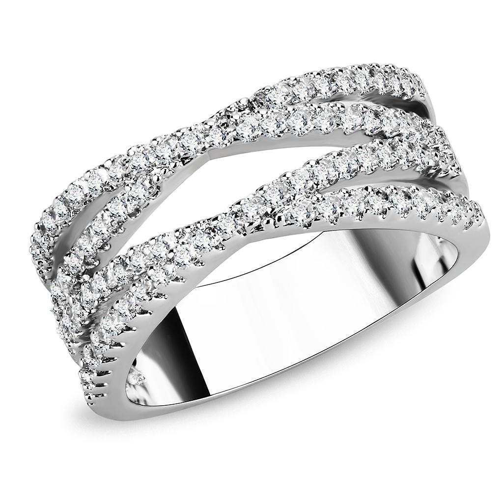 3W1450 Rhodium Brass Ring with AAA Grade CZ in Clear - Joyeria Lady