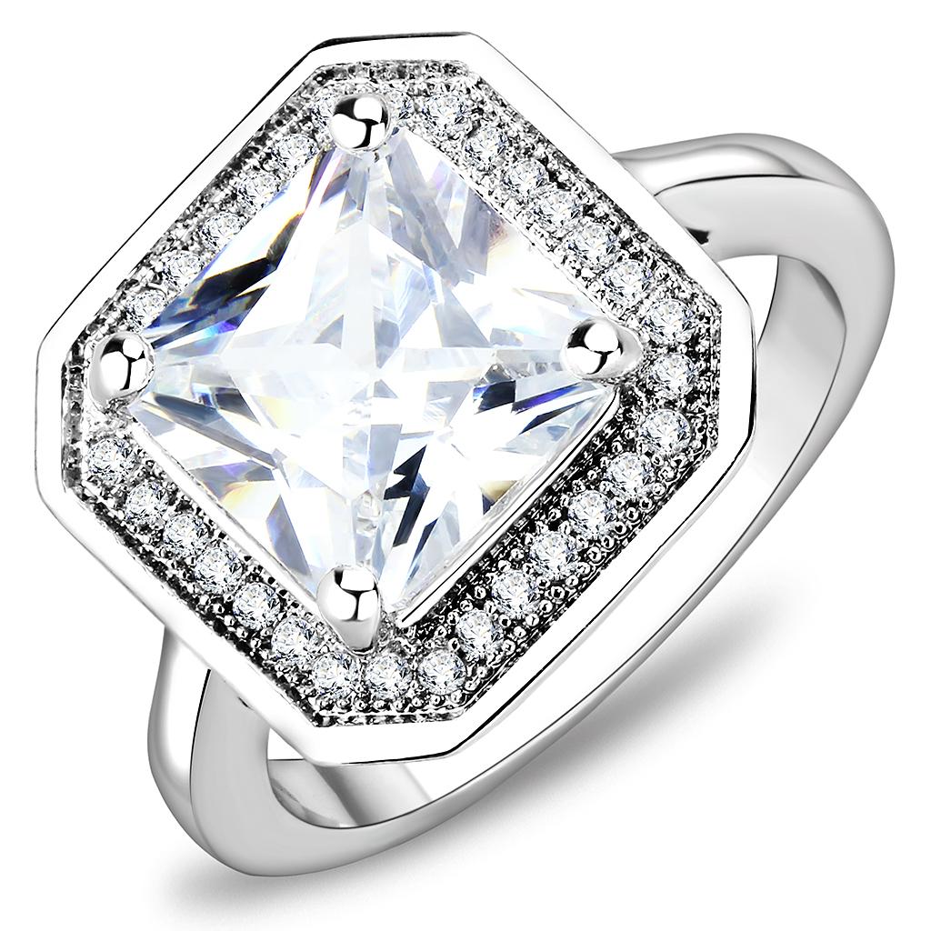 3W1451 Rhodium Brass Ring with AAA Grade CZ in Clear - Joyeria Lady
