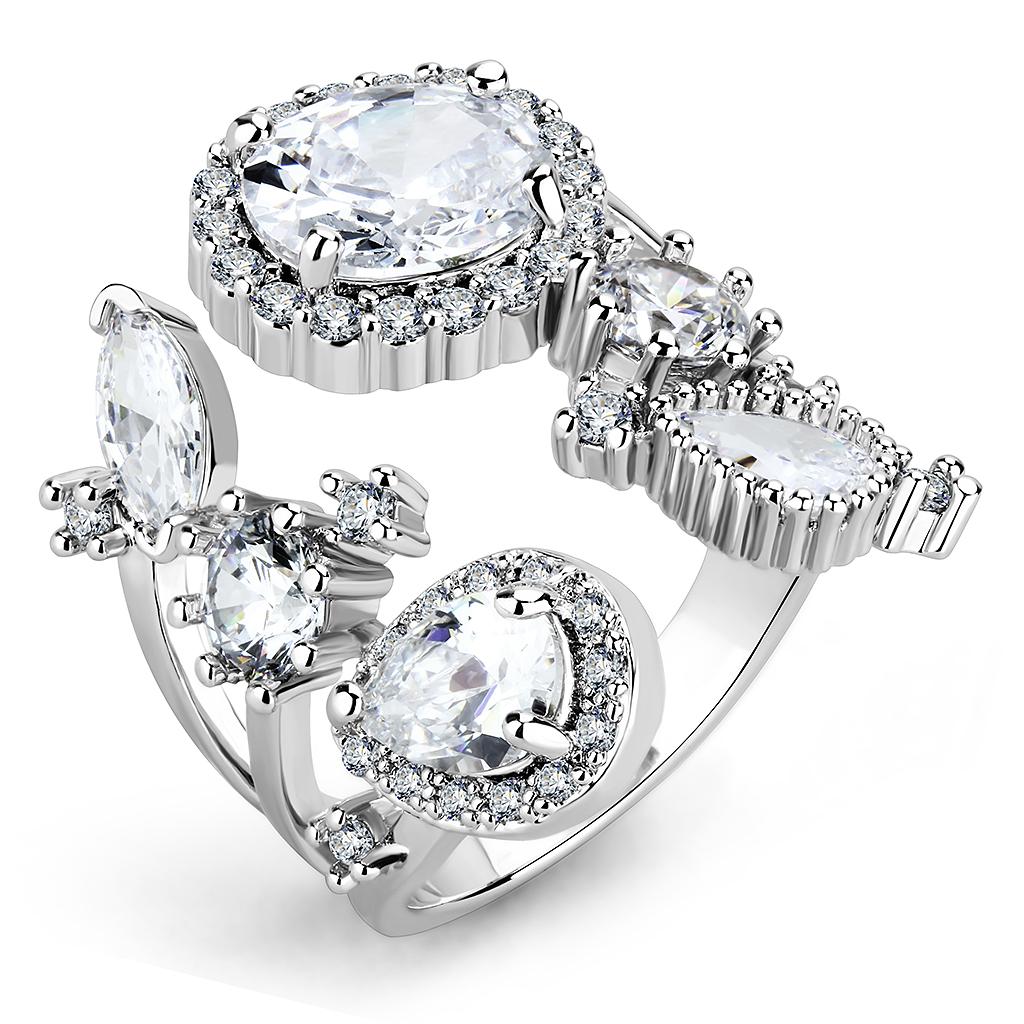 3W1454 Rhodium Brass Ring with AAA Grade CZ in Clear - Joyeria Lady