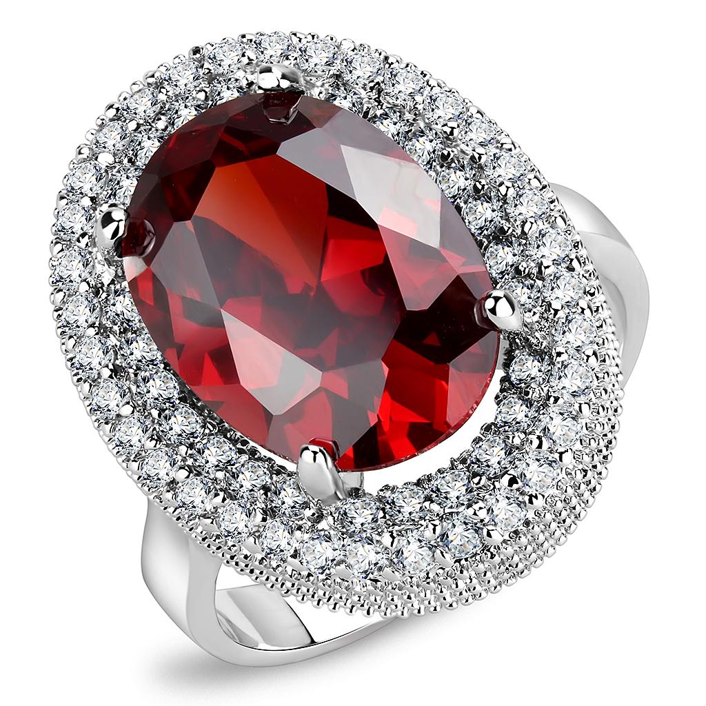 3W1455 Rhodium Brass Ring with AAA Grade CZ in Garnet - Joyeria Lady
