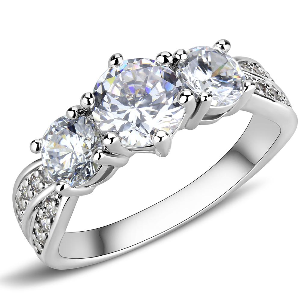 3W1456 Rhodium Brass Ring with AAA Grade CZ in Clear - Joyeria Lady