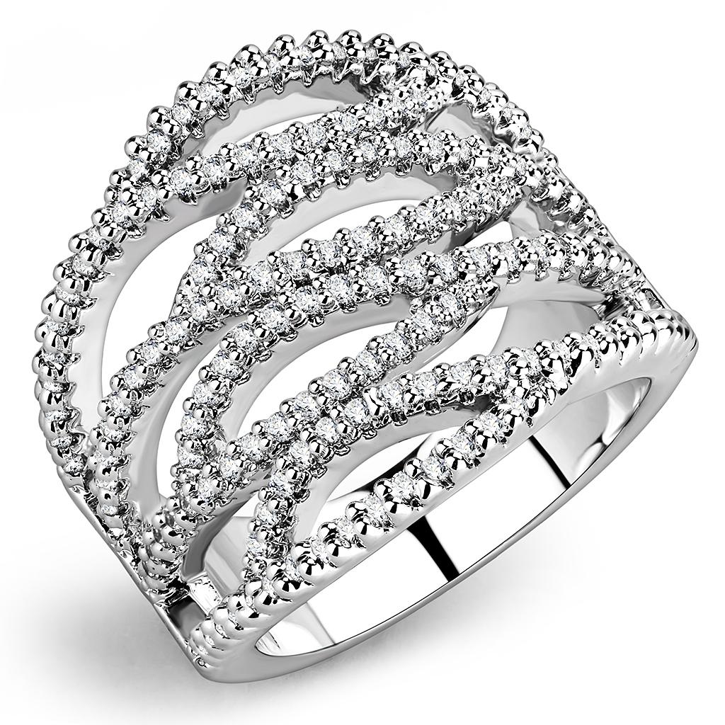 3W1465 Rhodium Brass Ring with AAA Grade CZ in Clear - Joyeria Lady