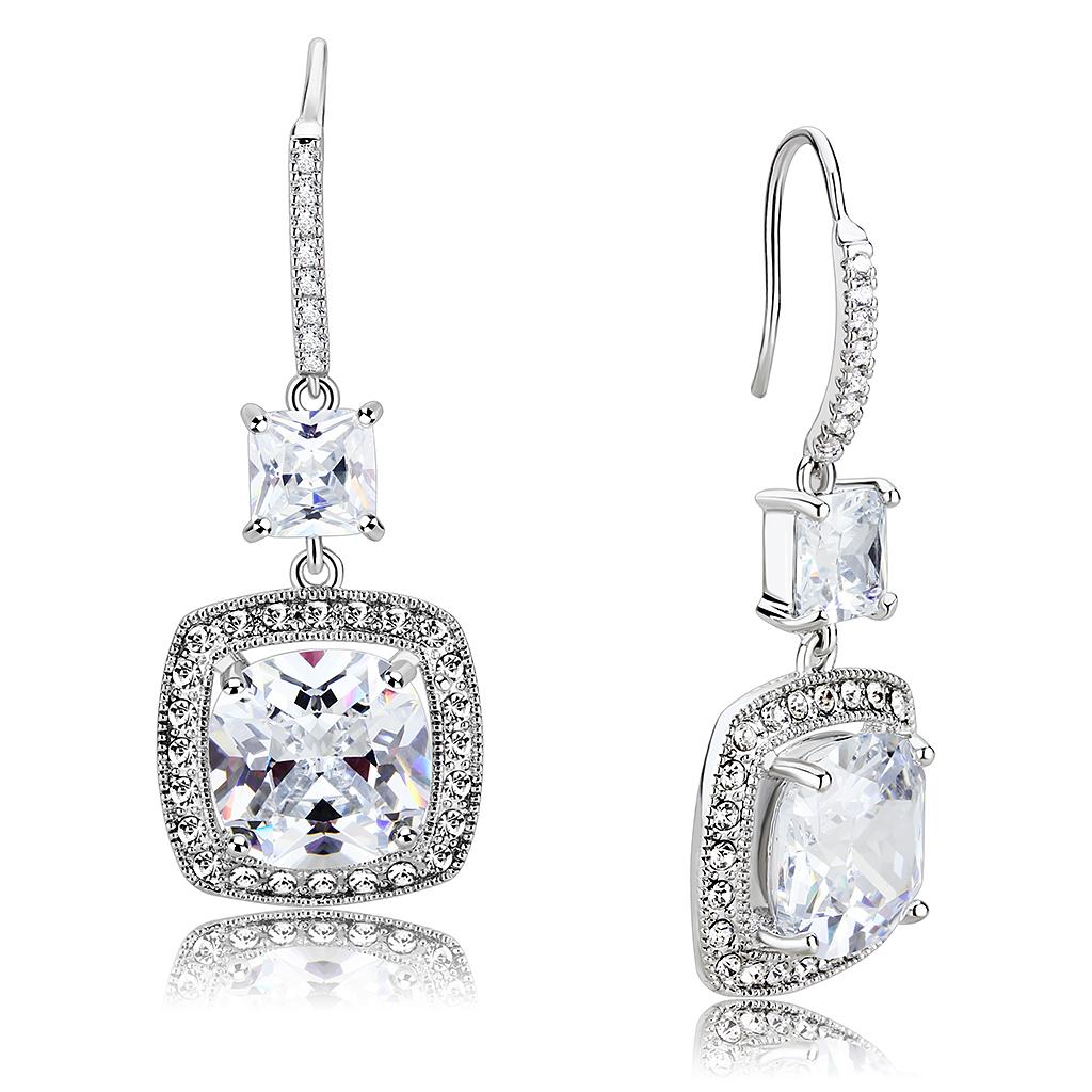 3W1477 Rhodium Brass Earrings with AAA Grade CZ in Clear - Joyeria Lady